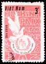 Postage stamp printed in Vietnam shows Peace Dove, Logo, Inscriptions, International Year of Peace serie, circa 1986