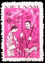 Postage stamp printed in Vietnam shows People, tree, cat, Chinese New Year 1987 - Year of the Cat serie, circa 1987 Royalty Free Stock Photo