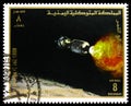 Postage stamp printed in Yemen, Kingdom, shows Entering Lunar Orbit, Mission to the Moon serie, circa 1969