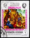 Postage stamp printed in Yemen shows The adoration of the Magi, by Durer, 5th Anniversary of Paul VI Visit to Jerusalem serie,