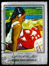 Postage stamp printed in Yemen shows Tahitian at the beach (1891), Paintings by Gauguin, Silver frame serie, circa 1968