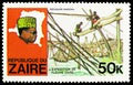 Postage stamp printed in Zaire shows Fishermen of Wagenia, Discovery of the River Zaire serie, circa 1979