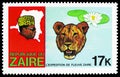 Postage stamp printed in Zaire shows Lion Panthera leo, Water Lily, Discovery of the River Zaire serie, circa 1979