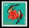 Postage stamp Rwanda, 1972. Common Waxbill Estrilda astrild bird, Hibiscus flower Royalty Free Stock Photo