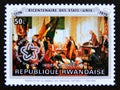 Postage stamp Rwanda, 1976. Presentation of captured Yorktown flags to Congress Painting