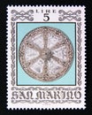 Postage stamp San Marino, 1974. Ancient knight Round Battleshield, 16th Century