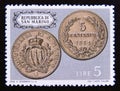 Postage stamp San Marino, 1972. Coins of San Marino 1864 money Royalty Free Stock Photo