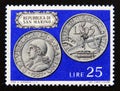Postage stamp San Marino, 1972. Coins of San Marino 1937 money Royalty Free Stock Photo