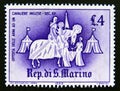 Postage stamp San Marino, 1963. Offer of arms to an English knight 15th century