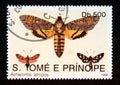 Postage stamp Sao tome and priÂ­ncipe, 1992. Death`s head Hawk moth Acherontia atropos, Six Spot Burnet Zygaena filipen butterfly