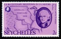 Postage stamp Seychelles, 1976. Thomas Jefferson and Map of Louisiana Purchase Royalty Free Stock Photo