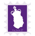 Postage stamp with silhouette of King Charles III. British monarch in Crown. Head side view profile silhouette Prince of