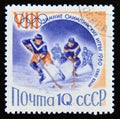 Postage stamp Soviet Union USSR, 1960. Ice Hockey Alexei Guryshev attacking