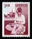 Postage stamp Sweden 1976. Woman Bobbin lace making Royalty Free Stock Photo