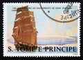 Postage stamp SÃÂ£o TomÃÂ© and PrÃÂ­ncipe, 1988, Sailing ship, dirigible and zeppelin