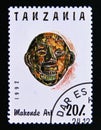 Postage stamp Tanzania, 1992. Makonde Art head Carved face