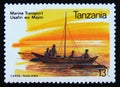 Postage stamp Tanzania, 1990. Outrigger Canoe traditional Marine Transport Royalty Free Stock Photo