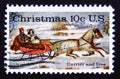 Postage stamp United States of America, USA, 1974. The Road Winter painting by Currier and Ives