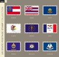 Postage stamp with USA States flag, collection of 9 US states flag