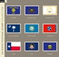 Postage stamp with USA States flag, collection of 9 US states flag
