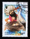 Postage stamp Uzbekistan 1995. Fairy Tale Are you stupid man and stork on nest