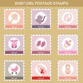 Postage stamps with baby girl objects