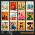 Postage stamps, cities of the world, vintage travel labels and badges set Royalty Free Stock Photo