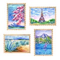 Travel stamps with landscapes of various countries Royalty Free Stock Photo