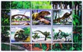Postage stamps printed in Cinderellas shows Tyrannosaurus Rex and Allosaurus Mini sheet Dinosaurs, Togo serie, circa 2016