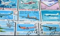 Postage stamps printed by Cuba, Romania, Laos, Bulgaria, that show airplanes