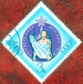 Postage stamps printed in the USSR with the image of the gymnast and the inscription in Russian `Universiade, Moscow, 1973` Royalty Free Stock Photo