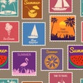 Postage stamps seamless pattern Summer vacation. Retro background signs travel exotic tour. Vector illustration Royalty Free Stock Photo