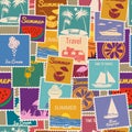 Postage stamps seamless pattern Summer vacation. Retro background signs travel exotic tour. Vector illustration Royalty Free Stock Photo