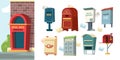 Postal containers. Mailboxes with letters envelope vector pictures