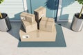 Postal delivery or moving concept with cardboard boxes on doormat near entrance outdoor.