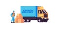 Postal delivery truck. Courier with the parcel. Express delivery truck with man. Logistics service flat vector illustration on Royalty Free Stock Photo