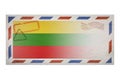 Postal envelope. Envelope with the image flag of Lithuania. Lithuanian flag. Old crumpled envelope with stamps. Copy space. Blank
