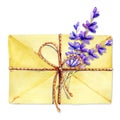 A postal envelope tied with twine, with a sprig of lavender. Set of hand made watercolor illustrations for design concept of