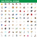 100 postal icons set, cartoon style