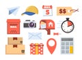 postal mail items. postboxes delivery letters collection shipping marketing postcards. vector cartoon items set of Royalty Free Stock Photo