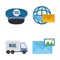 postal service, courier delivery icons set uniform cap world mail truck and envelope Royalty Free Stock Photo