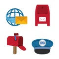 postal service, courier delivery icons world mail message mailbox and cap