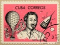 Postal stamp of Cuba shows Matias Perez, a Cuban balloon pilot