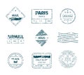 Postal stamp. Grunge post templates vintage blank tags stripped lines marks textures garish vector stamp
