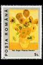 Postage stamp from 1990: Sunflowers in French Tournesols by the Dutch artist Vincent van Gogh Royalty Free Stock Photo