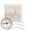 Postal stamp with old city panorama. With black postmark