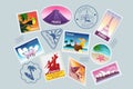 Postal stamp. Passport trip seal. Travel emblem. Visa country. Vintage airport symbol. International vacation map Royalty Free Stock Photo