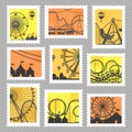 Postal stamp set with fair carousels silhouette Royalty Free Stock Photo