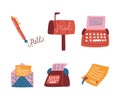 Postal Symbol with Ink Pen, Letter, Typewriter and Mail Box Vector Set Royalty Free Stock Photo