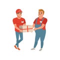 Postal worker giving parcel to young courier. Man with mustache in working overalls. Handsome delivery guy in cap, t